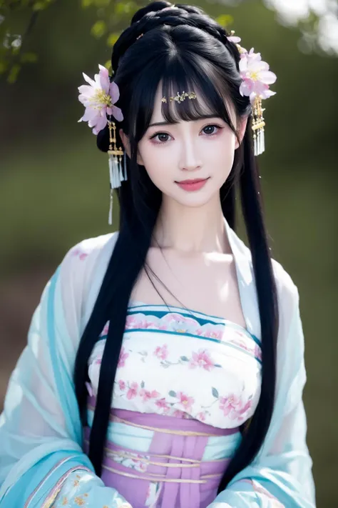 HDR,UHD,8K,best quality,realistic,masterpiece,Highly detailed,1girl,solo,realistic,breasts,looking at viewer,bangs,hair ornament,black hair,smile,black eyes,hair flower,upper body,closed mouth,lips,blunt bangs,long hair,see-through hanfu,longfeihanfu,movie...