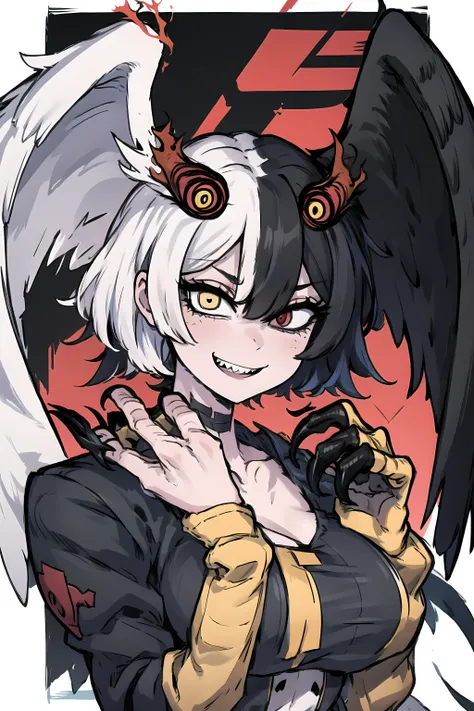 JubJubBlackSouls, 1girl, portrait of a girl, solo, looking at viewer, smile, short hair, bangs, black hair, white hair, red eyes, yellow eyes, tail, (multicolored hair), wings, teeth, grin, ((two-tone hair)), ((heterochromia)), feathers, sharp teeth, monst...