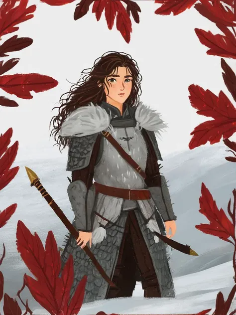 a drawing of a woman in a gray outfit holding a sword