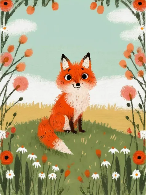 a painting of a fox sitting in a field of flowers