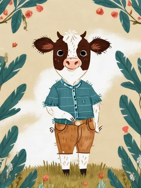 illustration of a cow in a blue shirt and brown pants standing in a field