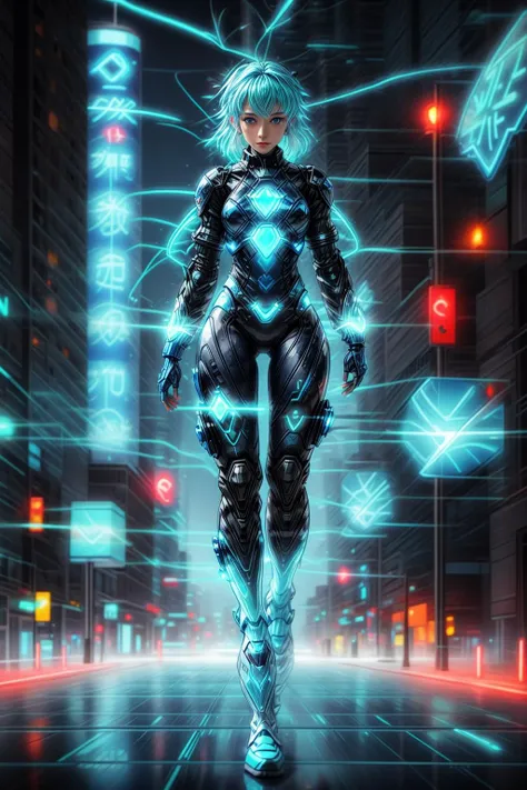 a woman in a futuristic suit walking down a city street