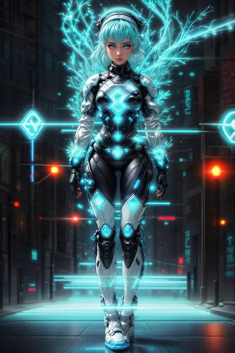 a woman in a futuristic suit walking down a street