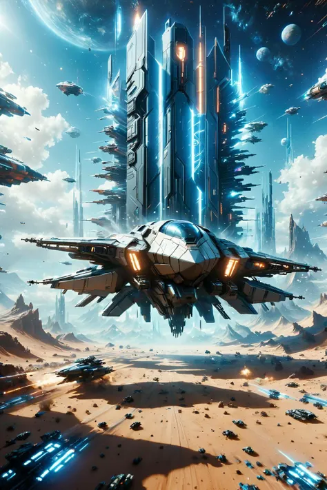 a futuristic spaceship flying over a desert with a futuristic city in the background