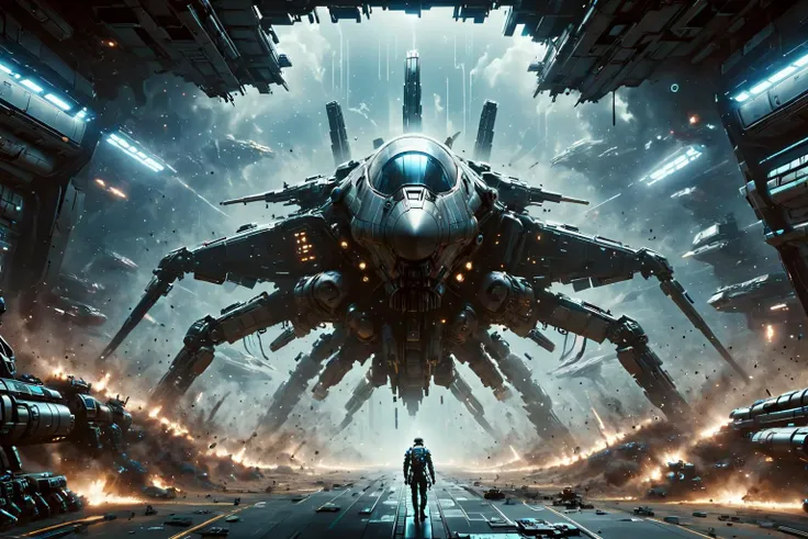 a man standing in front of a spaceship in a futuristic city