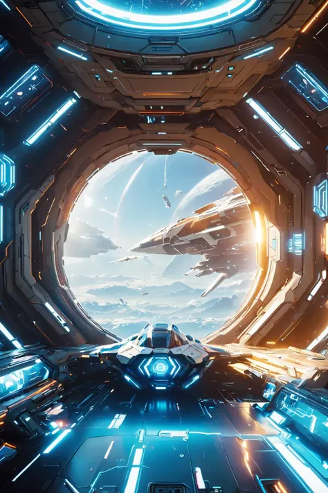 a spaceship spaceship in a futuristic space station with bright lights