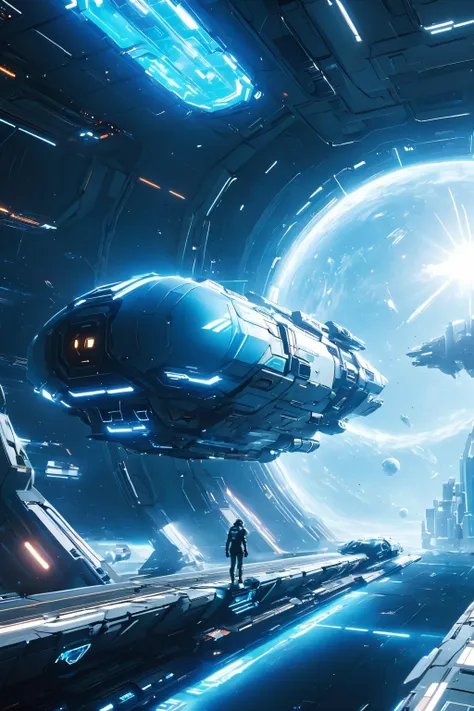 a man standing in a spaceship looking at a spaceship in a sci - fi environment