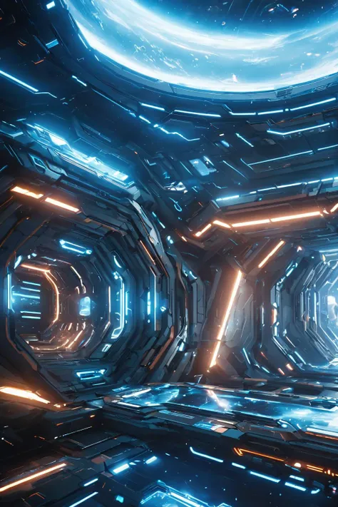 a futuristic sci - fio tunnel with glowing lights and a blue light