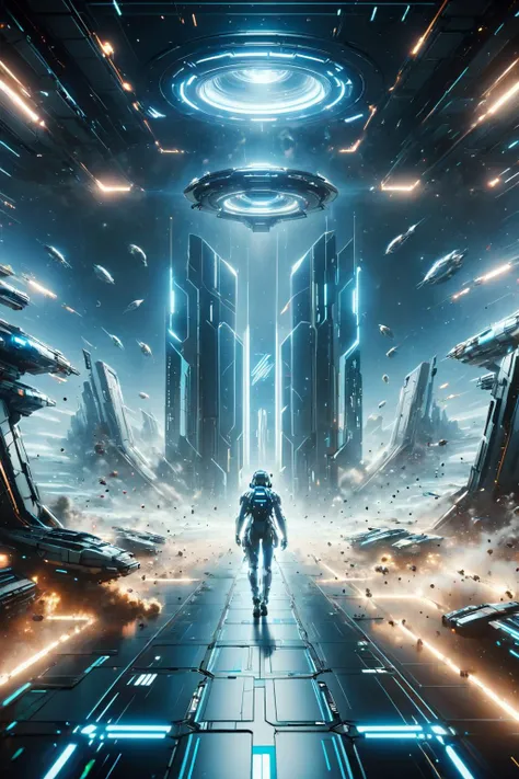 a man walking through a futuristic city with a spaceship in the background