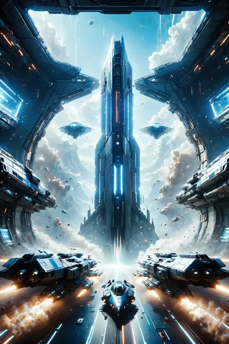 a sci - fiction movie poster with a spaceship in the middle of a city