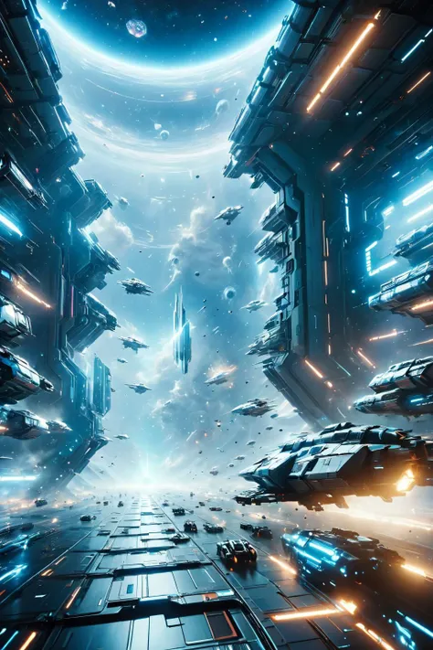 a sci - fiction scene with a spaceship and spaceships in the background