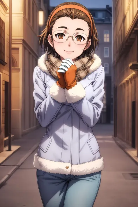 hires, best quality, masterpiece, 1girl, solo, looking at viewer, smile, short hair, brown hair, brown eyes, glasses, hairband, tsugumi_rosenmeier, poses, winter dress, winter fur jacket, long pants, gloves, scarf, winter outdoor