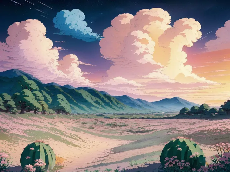 (Studio ghibli style, Art by Hayao Miyazaki:1.2), sky,cactus,cloud,scenery,outdoors,desert,sunset,star (sky),flower,starry sky,cloudy sky,no humans,twilight,nature,wind,masterpiece,best quality,very aesthetic,absurdres <lora:StarryMountainWildernessV1.0:0....