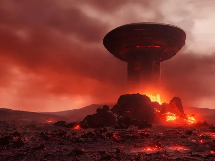 A render of a sci-fi space outpost on a scorched planet, dark, (red sky:1.0), fire clouds