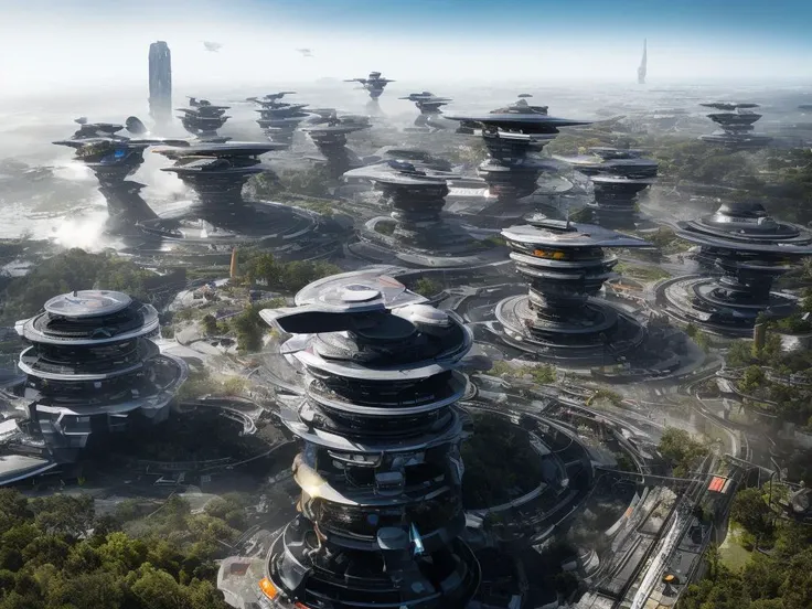 landscape of a futuristic sci fi city, sci fi, ultra realistic, high resolution, city, drones