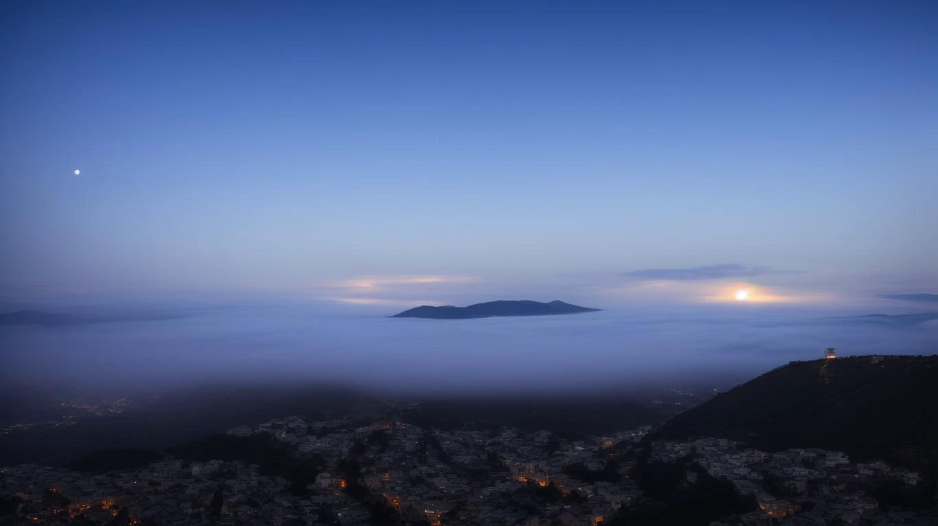 an extremely high-quality photo of  a big cyberpunk sci-fi city, (dark night:1.1), aurora borealis, milky way stars across the sky above the clouds, meteor rain, mysterious night, big moon behind mountains at the horizon, purple haze, neon lights below the...