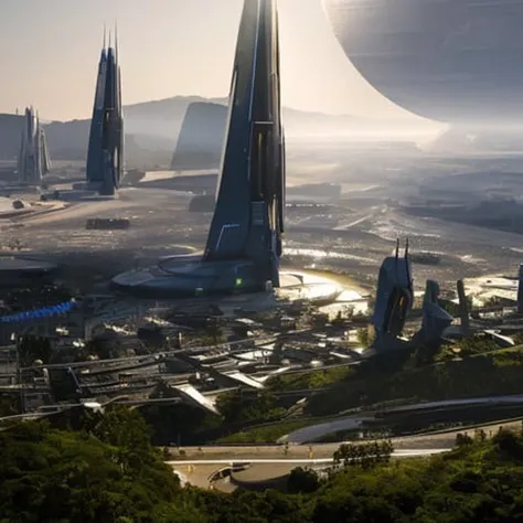 a close up of a futuristic city with a spaceship in the background