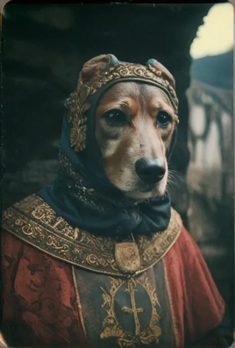 arafed dog wearing a medieval costume and a red cape