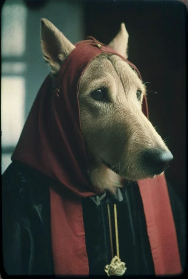 arafed dog wearing a red hood and a black robe