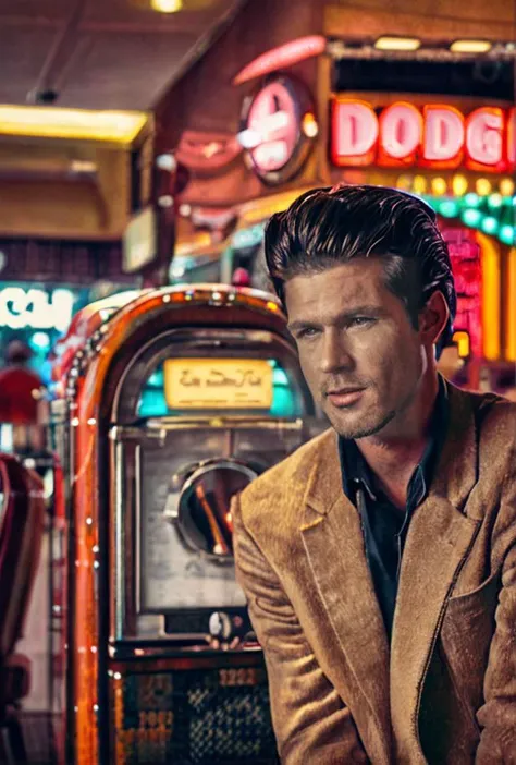 Portrait Photo of an actor in 1960s attire, leaning against a classic diners jukebox, under vibrant and contrasting lighting, from a slightly tilted angle, embodying the mood of cool and retro )((dodge and burn, corner edge darken vignette)((exposure POP!!...