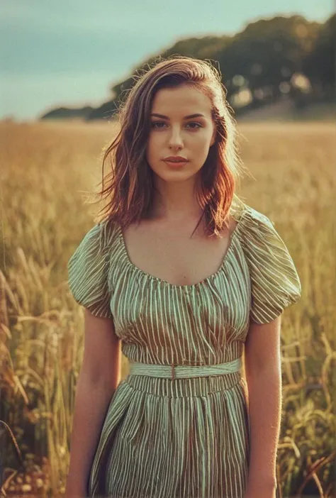 a close up of a woman standing in a field of tall grass