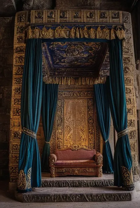 a close up of a bed with a canopy and blue curtains