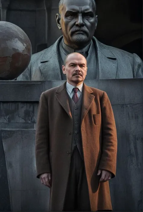 arafed man in a coat and tie standing in front of a statue