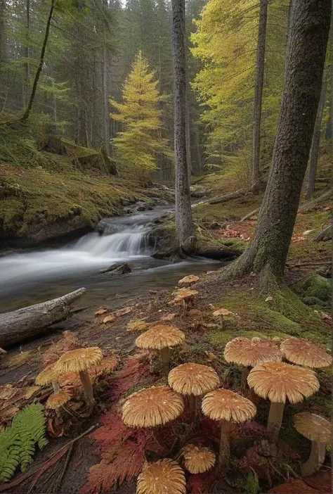 (bright floor level photo within Canadian Mountain Range, National Park, during the last week of September at the height of fall colors)(reds, yellows)(cold air after heavy rainfall rushing waters)(perfect AM lighting conditions with god yays and a feeling...