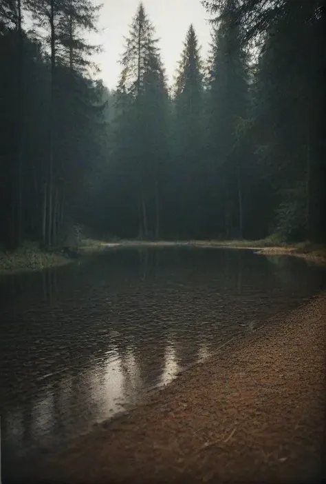 there is a small lake in the middle of a forest