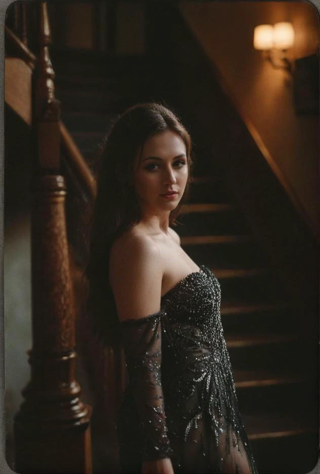 a woman in a black dress standing on a staircase