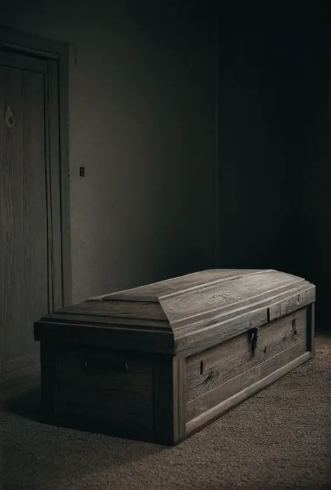 a close up of a wooden casket in a dark room