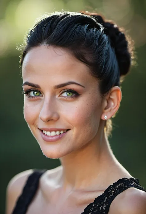 a close up of a woman with a black dress and a smile