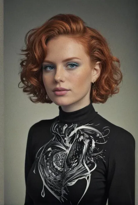 a woman with red hair and a black shirt with a dragon on it