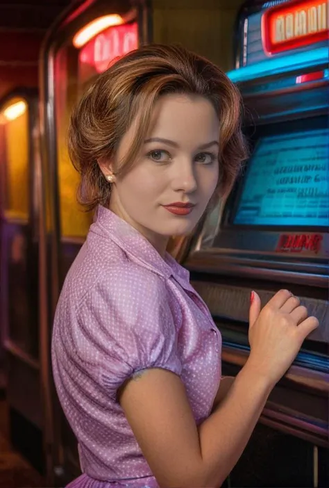 (Portrait Photo of an actress in 1960s attire, leaning against a classic diners jukebox, under vibrant and contrasting lighting, from a slightly tilted angle, embodying the mood of cool and retro )((dodge and burn, corner edge darken vignette)((exposure PO...