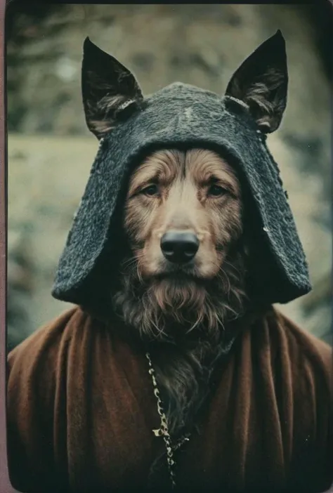 a close up of a dog wearing a hood and a hat