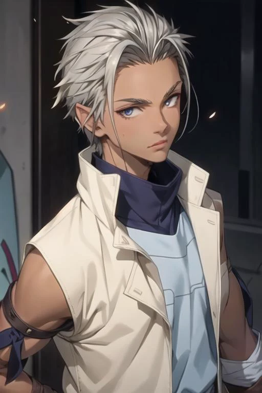 masterpiece, best quality, game cg, 1boy, solo, male focus, looking at viewer, upper body, depth of field, <lora:grucius_tensei_shitara:0.72>, grucius_tensei_shitara, grey hair, grey eyes, , world war 2,