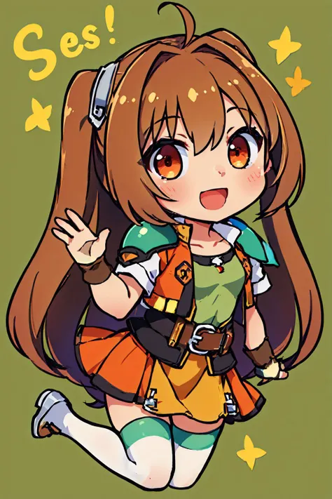 (masterpiece, best quality:1.2), chibi, solo, 1girl, scestelle, smile, looking at viewer, smile, open mouth, looking at viewer, waving, cropped jacket, green shoulder pad, tan shirt, orange skirt, belt, white thighhighs, brown gloves <lyco:Qtea_add_sugar-f...