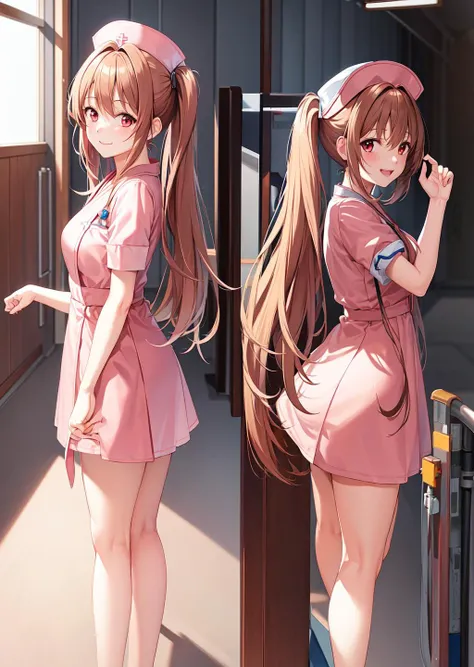 masterpiece, ultra high quality cg, perfect image, estelle, pink nurse uniform, nurse hat, red eyes, hospital interior background, side view, standing, hands behind back, smiling  <lora:estelleBrightTrailsIn_v1:0.6>