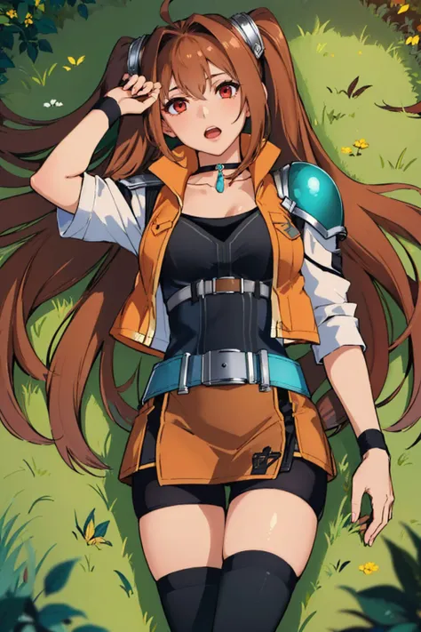 (masterpiece, best quality:1.2), from above, solo, 1girl, senestelle, open mouth, looking at viewer, lying, on back, choker, single pauldron, orange jacket, black shirt, miniskirt, belt, spandex shorts, black thighhighs, grass <lora:estelle-nvwls-v2:0.9>