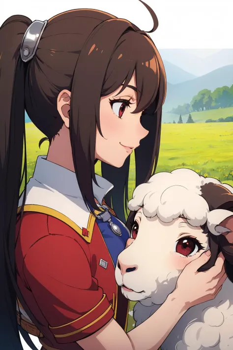 masterpiece:1.2, best quality, absurdres, farm, morning, field, a girl petting a sheep, sheep, wool, looking at sheep, fcEstelle, red jacket, blue shoulder pad, white shirt, red skirt, short shorts, side view, smile,  up close, detailed face, face focus, c...