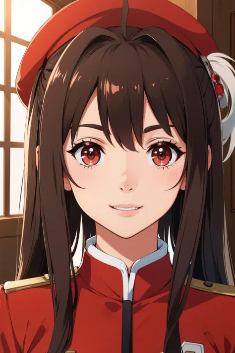 masterpiece:1.2, best quality, absurdres, indoors, stage, performing in play,  fcEstelle, brown hair, long hair, red beret, ((plumed)) feather, red officer uniform, smile, detailed face, face focus, up close, POV, looking at viewer, <lora:estelle-nvwls-v2:...