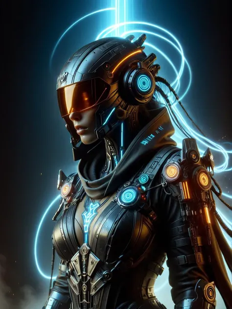 woman, mad-bdyarmr, helmet, hermeticwizard, cyberpunk, hooded robe, neonbody, lightstreak, close-up, portrait, magic runes floating in the air, dynamic pose, (ancient temple, dust, steam, light rays:1.2) <lora:Cyberpunk_Techno-Mages_SDXL:0@0,0.5@0.25>  <lo...