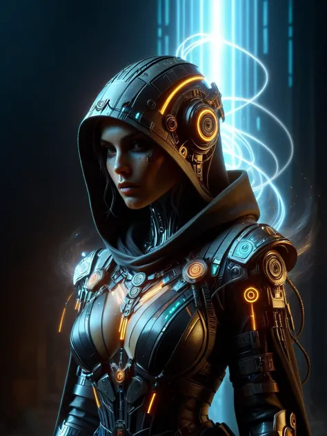 woman, mad-bdyarmr, helmet, hermeticwizard, cyberpunk, hooded robe, neonbody, lightstreak, close-up, portrait, magic runes floating in the air, dynamic pose, (ancient temple, dust, steam, light rays:1.2) <lora:Cyberpunk_Techno-Mages_SDXL:0@0,0.5@0.25>  <lo...