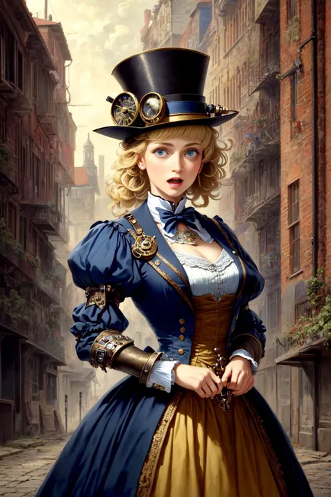 ((Masterpiece)),  <lora:crazyExpressions_crazyExpressions:0.8>,
Photograph of a Steampunk Woman, Blonde hair, Adventurers outfit, shocked, Top Hat,  Art Deco, style of Jules Vern, in a Victorian City, Extremely Detailed, Intricate, UHD, HDR, 16K