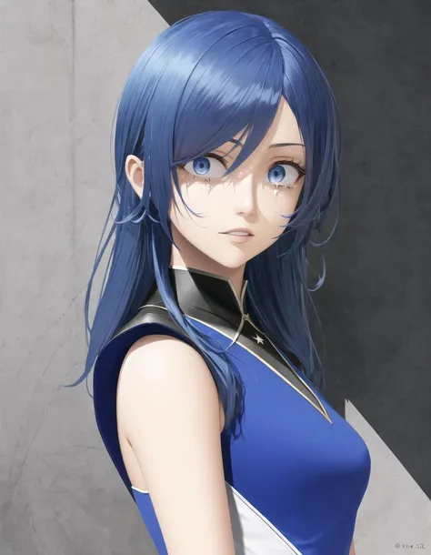 a woman with blue hair and a blue dress is posing