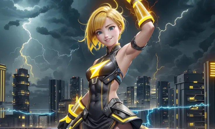 (excessive energy, lightning, electricity, static discharge), portrait, (adult woman), (1girl, solo), arms raised, (revealing dress), (small breasts), ((muscular)), (abs, navel), (yellow hair, medium hair), (happy, smirk, seductive), freckles, detailed ski...