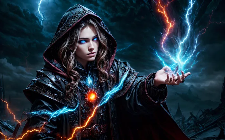 a woman in a cloak holding a lightning ball