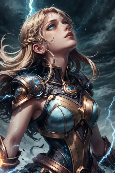 a woman with a lightning sword in her hand