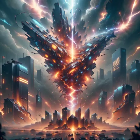 a futuristic city with a large explosion of lightning coming out of it