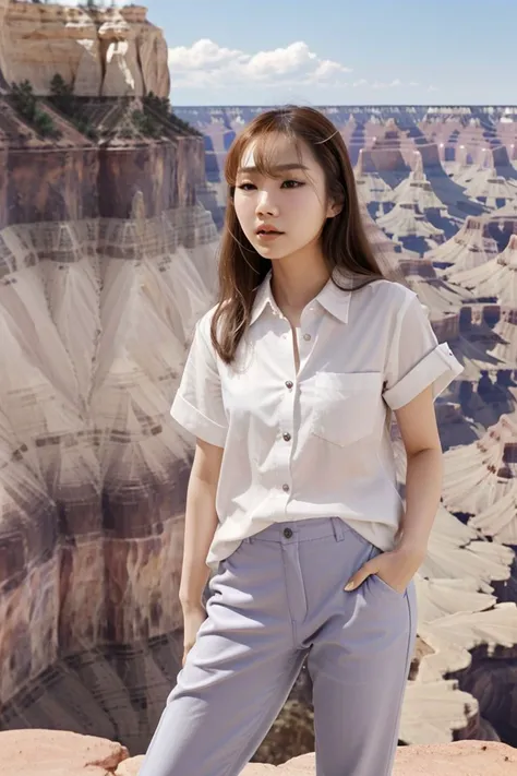 <lora:aniki_lin_obj20:0.6  >, full_body, standing, sandals, (shirt), pants, (grand canyon), (aniki_lin: 1.2), perfect face, (contact iris: 1.1), pale skin, skin pores , depth of field